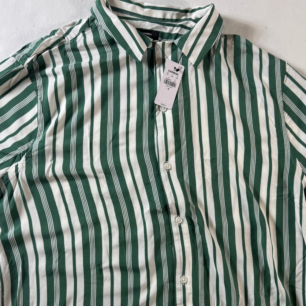 Express Striped Button Up‎ Mens Medium Green White Short Sleeve Rayon Shirt